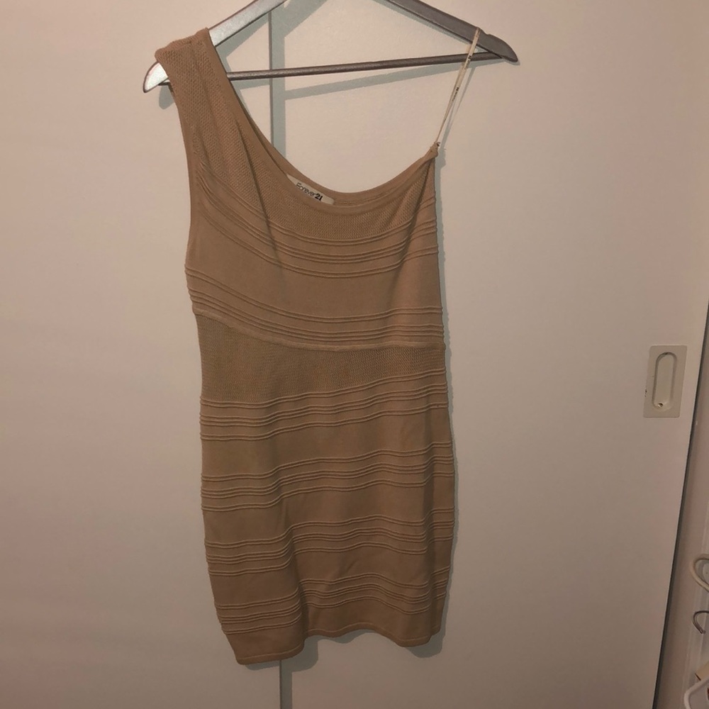 Forever 21 mini one shoulder stretchy tan dress